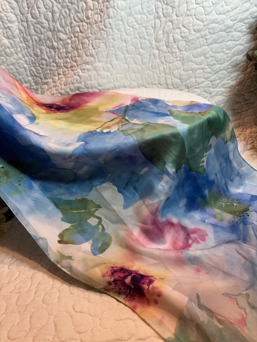 Floral Watercolor Silk Scarf in Blue, Pink & Green - Picture 3 of 4